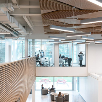 The Joyce Centre’s central atrium provides ample views to the surrounding campus context and accommodates for a mix of private and public study spaces for its students.