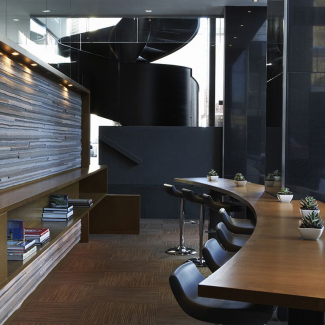 Feature wall (Face 2) lounge behind reception at Le Germain Hotel Calgary. Project Architects: LemayMichaud, Montreal