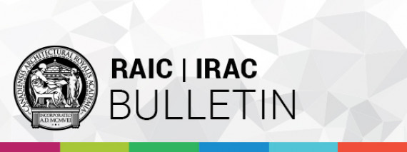 The Royal Architectural Institute of Canada's logo is displayed on the left hand side. Black text on white background. "RAIC | IRAC - Bulletin" The words "RAIC | IRAC" are emphasized in bolded text with the rest of the text in regular font size. The bottom of the graphic is thinly lined by The Royal Architectural Institute of Canada's colour palette, 6 colours forming a line. Colour HEX codes in this order from left to right, #B62467, #61B532, #2FB45F, #008DCD, #54C4D6, #F04E37 . 