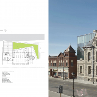 Interior of Children's Discovery Centre and exterior elevation of historic building