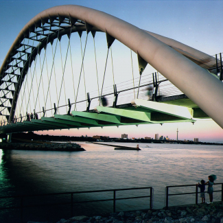 View from base of the bridge looking east towards downtown Toronto (1994).