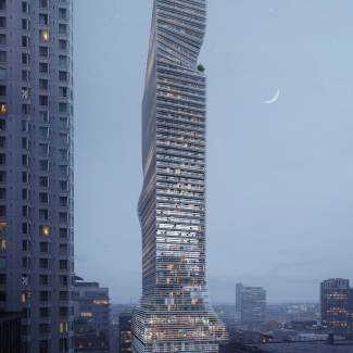 Perspective view. The tower features a ‘morphed’ geometry that gradually and smoothly transitions different sized floor plates into a cohesive form.