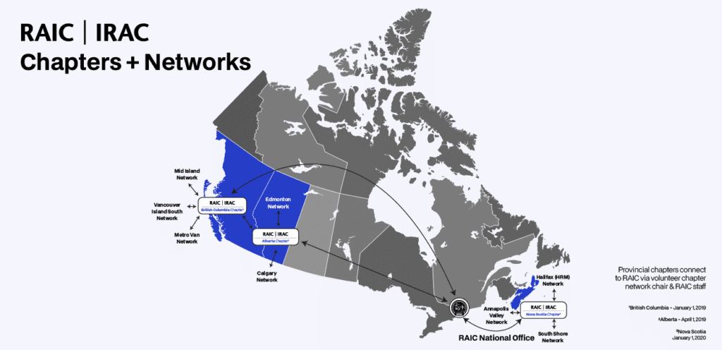 Map of Canada highlighting 3 provinces in blue, BC, AB and NS and associated Network locations.